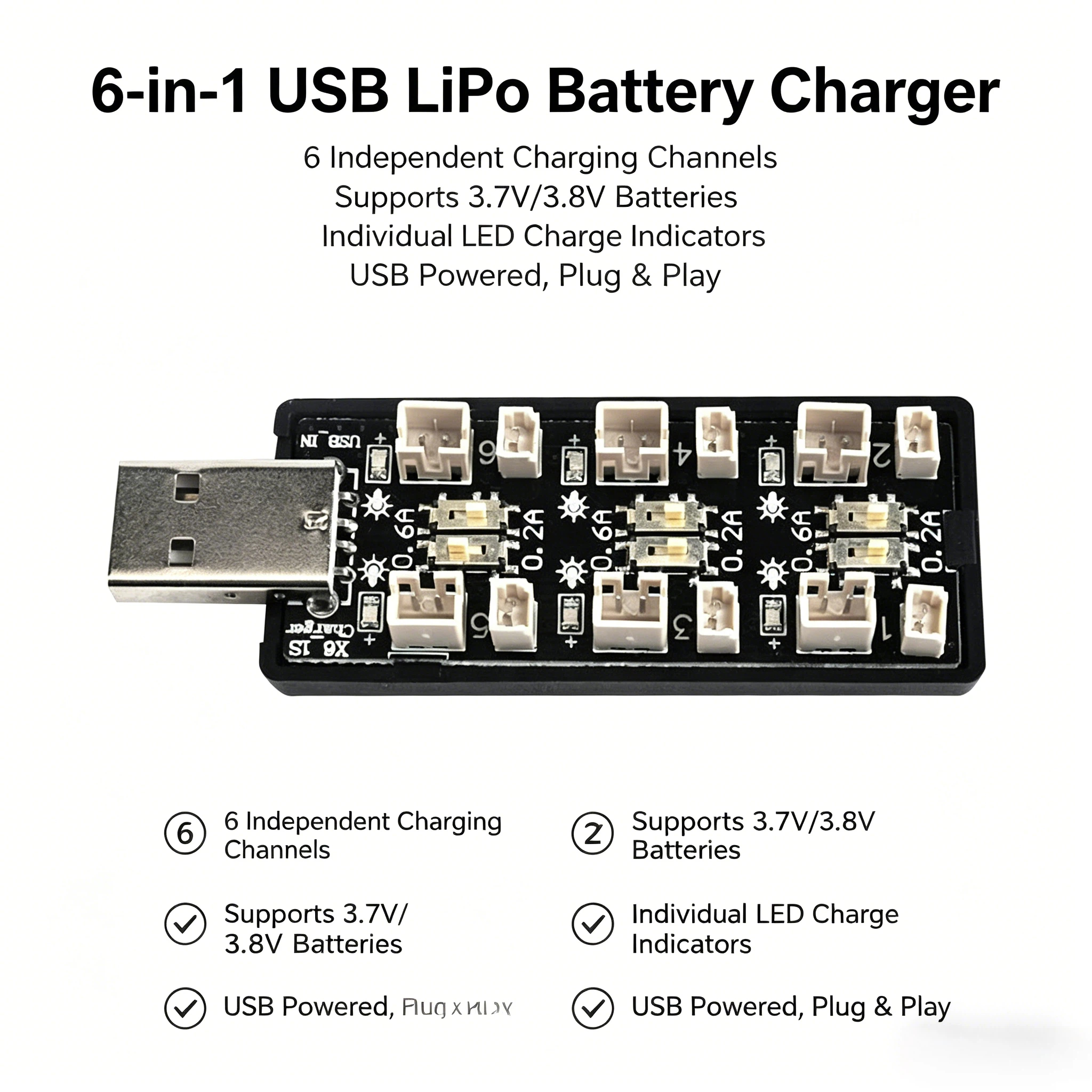 Drone Rc Board - 6-Channel 1S LiPo Battery Charger Board